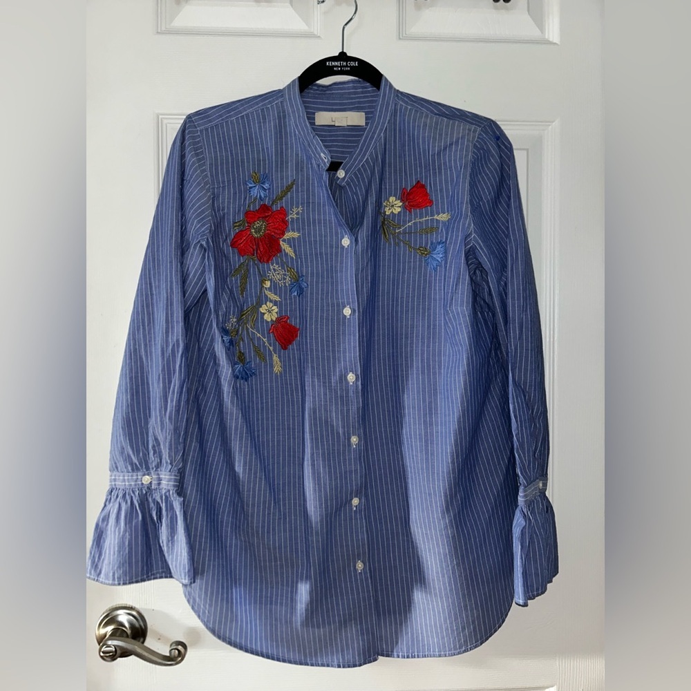 LOFT Blue Striped Button Down Shirt with Embroidery Medium